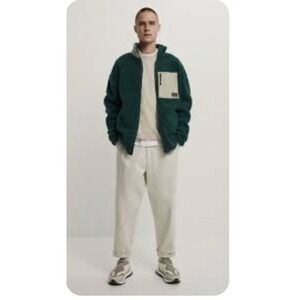 ZARA Men's Green Sherpa Fleece Zip Up Jacket Cozy Pockets